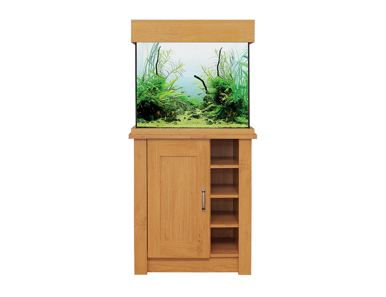 Wooden aquarium stand with a fish tank displaying aquatic plants on a white background