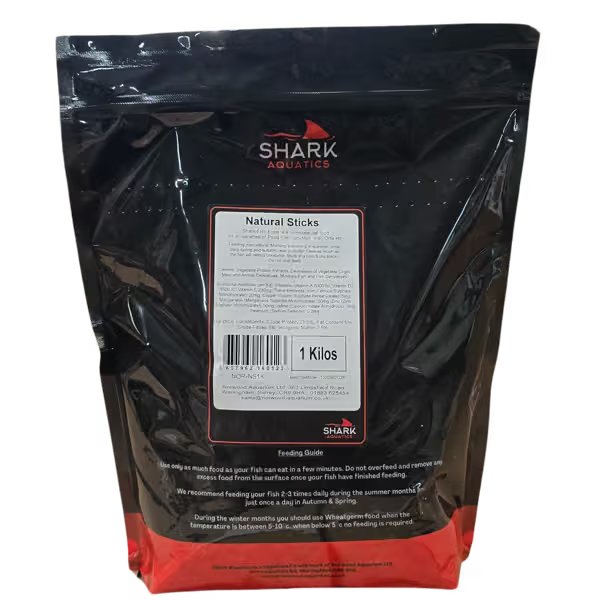 Black packaging of Shark Aquatics Natural Sticks with a label on a white background