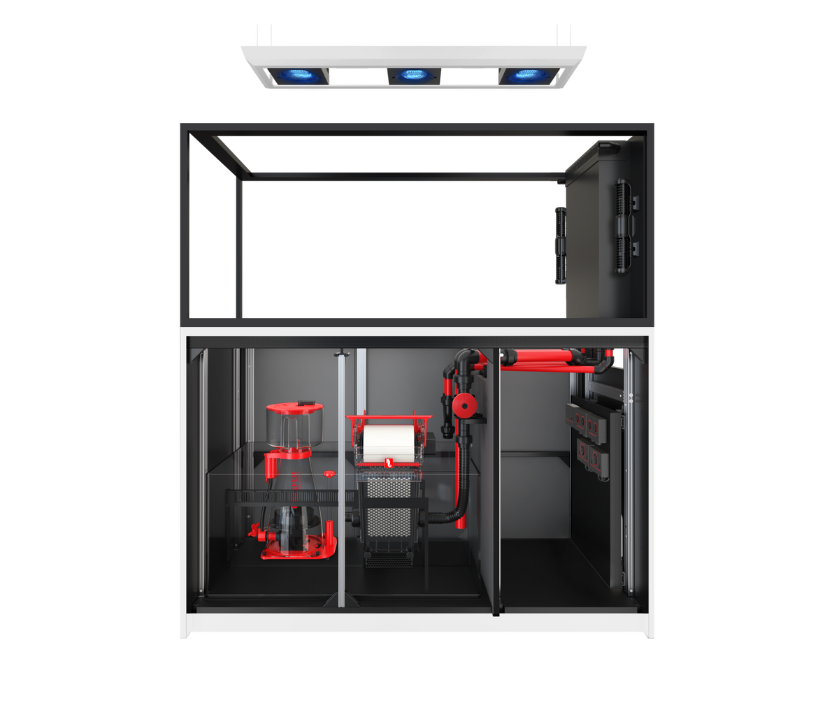 Red Sea REEFER MAX Peninsula S-700 G3+ Aquarium – manufacturer view with cabinet doors removed