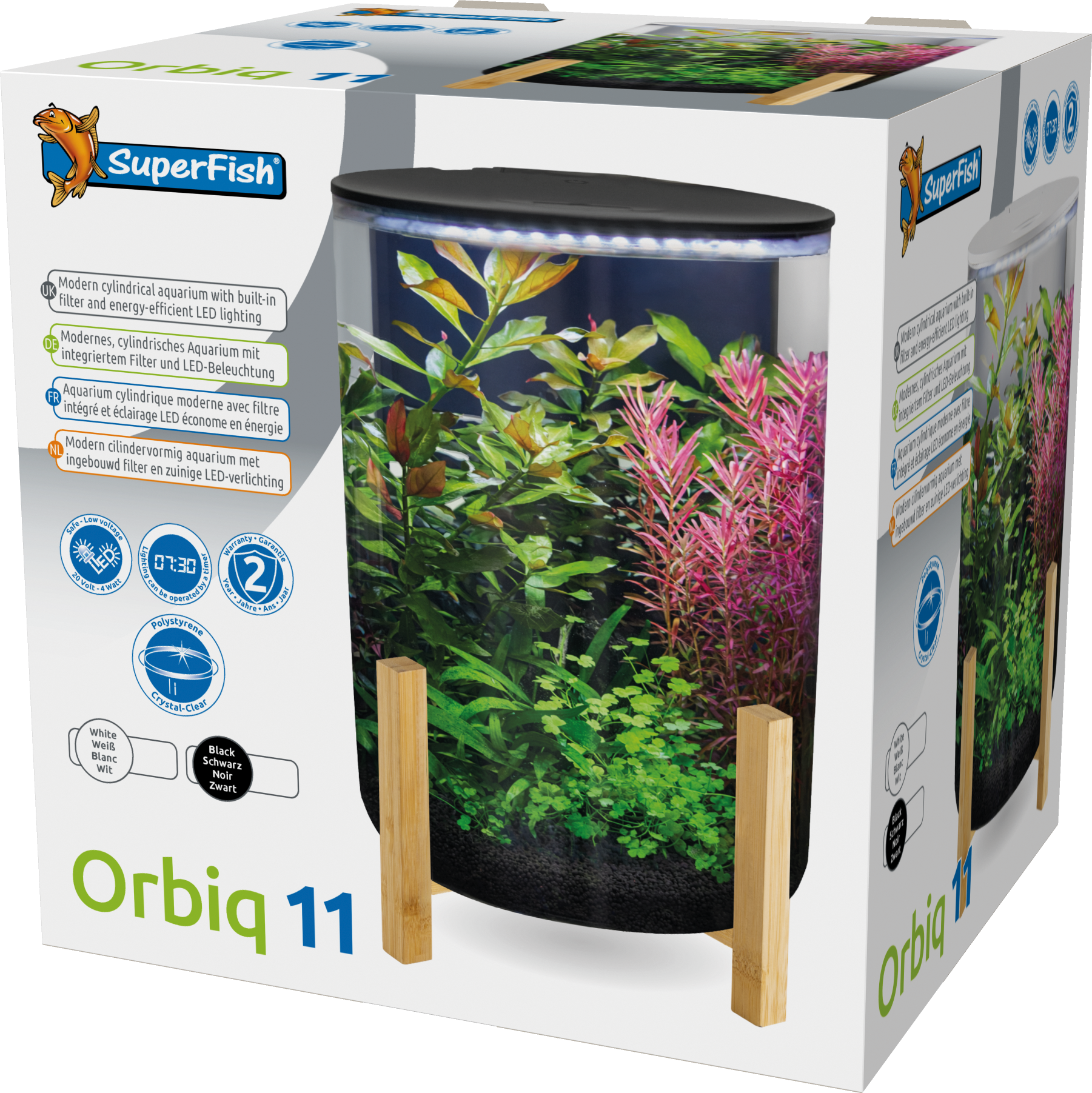 SuperFish Orbiq 11 aquarium in white – angled view