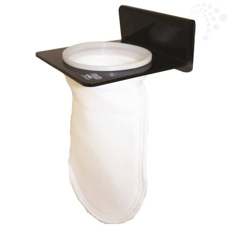 100 micron white filter bag with black acrylic holder for aquarium sump filtration.