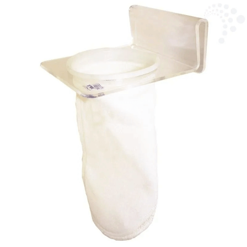 100 micron white filter bag with clear acrylic holder for aquarium sump filtration.