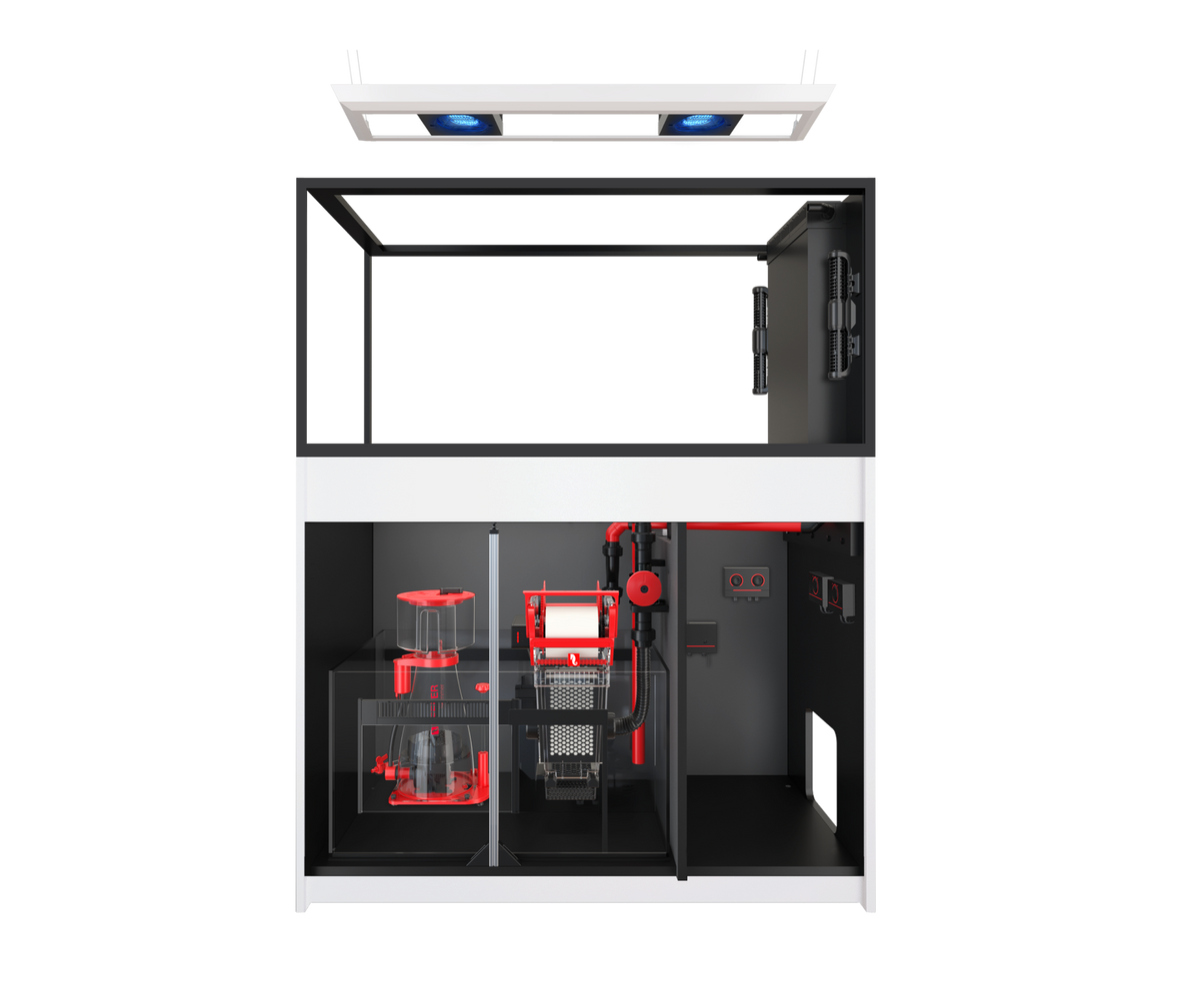 Red Sea REEFER MAX Peninsula 500 G3+ Aquarium – manufacturer view with cabinet doors removed